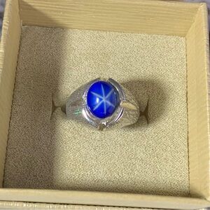 VINTAGE 14KT GE ESPO SIGNED BLUE STAR SAPPHIRE LAB RING SIZE 7